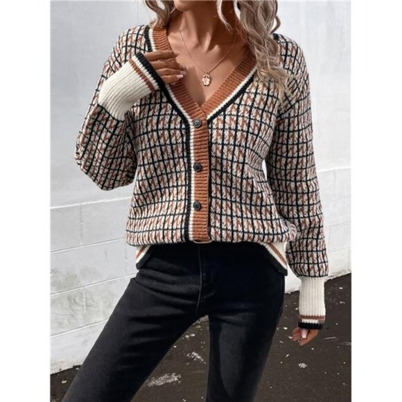 Plaid Pattern Drop Shoulder Cardigan - Picture 2 of 6